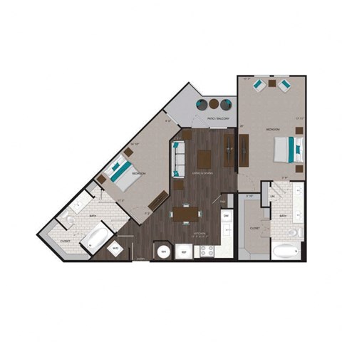 Floor plan for 2 beds, 2 baths, 1038 sqft